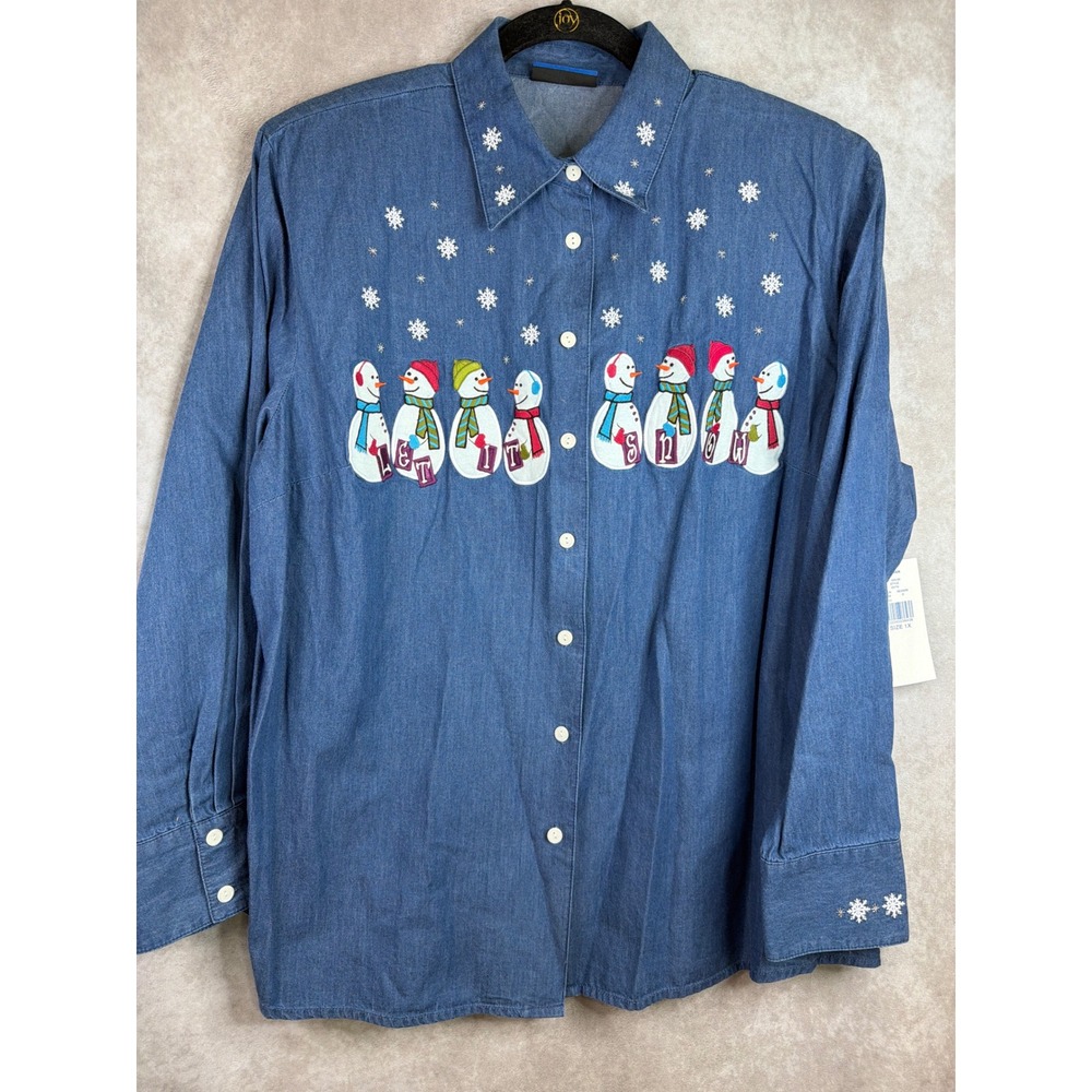 VTG NWT Karen Scott Sport Button Down Shirt 1X Blue Denim Let It Snow Holiday